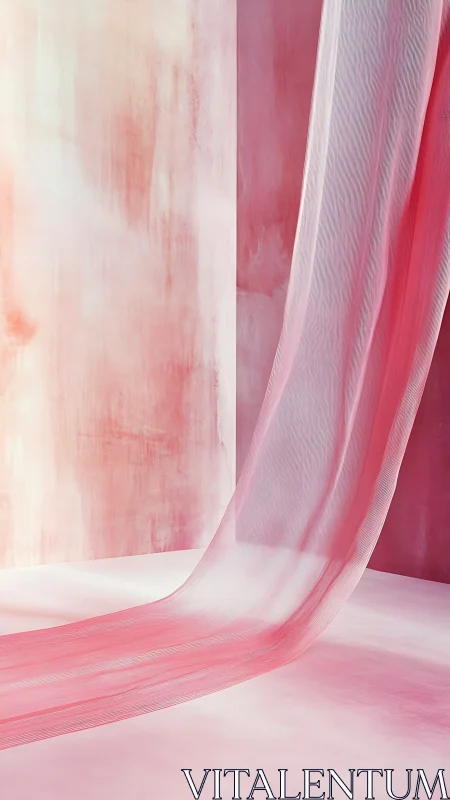 Soft pink sheer curtain in minimal abstract interior scene.