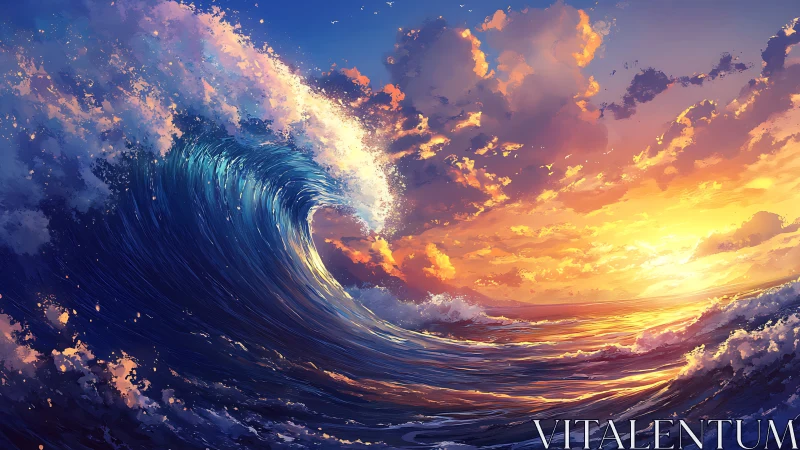 Large ocean wave under colorful sunset sky seascape.