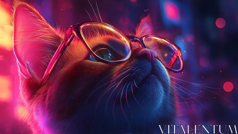 Neon-lit feline portrait uses rim lighting and reflective glasses