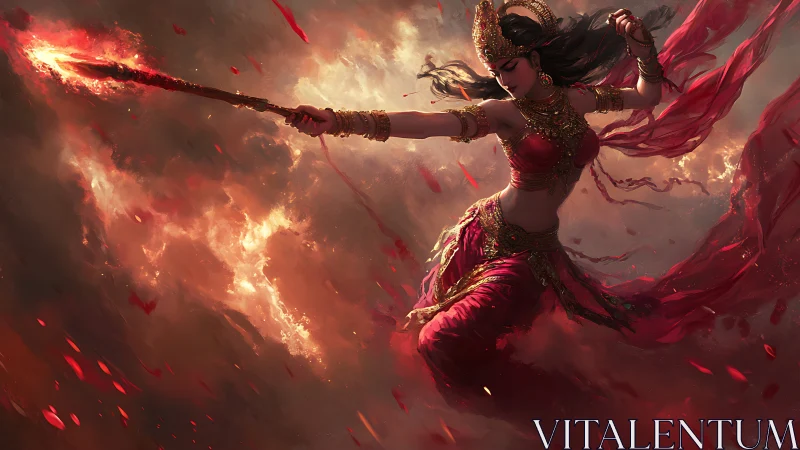 Warrior goddess in crimson silk wielding flaming spear.