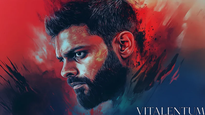 Intense male portrait in red and blue digital painting.