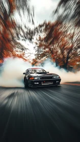Black sports car drifting on forest road with motion blur.