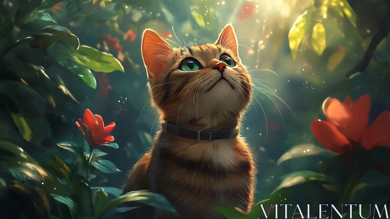 Golden Hour Feline in Enchanted Garden Setting.