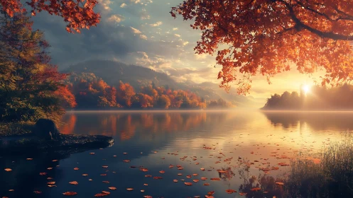 Golden autumn lake landscape under dramatic sunrise light.