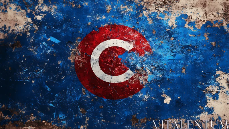 Weathered circular emblem on distressed blue painted surface