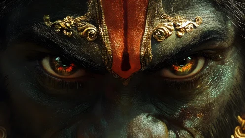 Intense close-up of divine warrior with gold and red face paint.