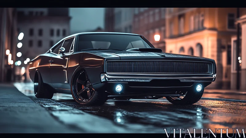 Black muscle car parked on wet city street at night.