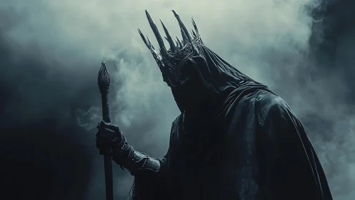 Hooded armored figure with spiked crown stands in dense fog