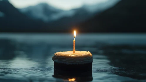 Luminous candle flame floating on tranquil alpine lake at dusk
