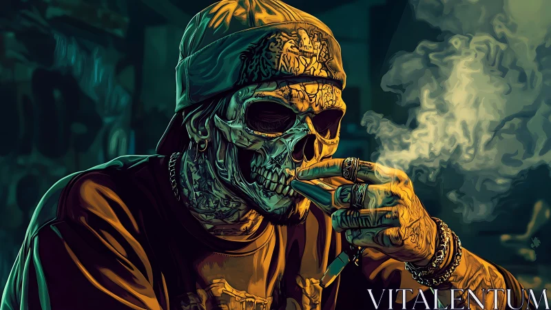 Tattooed skeletal smoker in teal and amber digital glow.