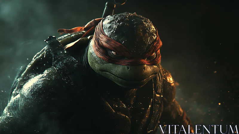 Battle-scarred turtle warrior stalks forward through neon mist