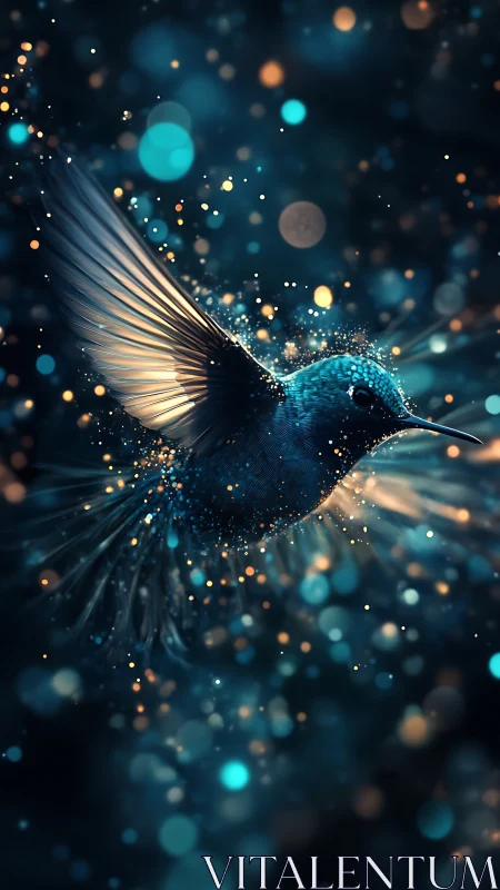 Shimmering hummingbird glides through glowing night magic