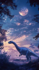 Large sauropod dinosaur moves through forest under full moon