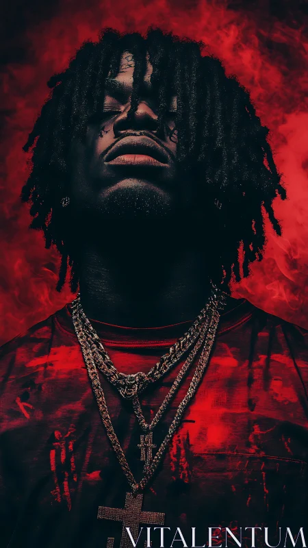 Portrait shows subject in red-tinted lighting with necklaces