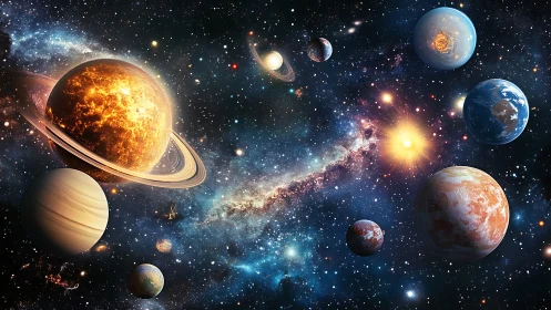 Glowing planets drifting through a star-splashed cosmic playground.