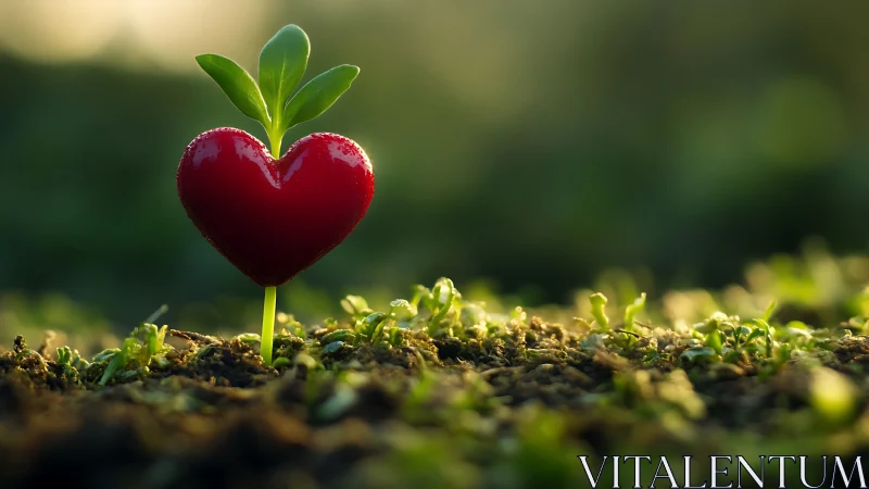 Heart-shaped object on soil with green foliage.