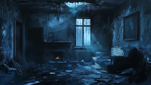 Haunted blue parlor glows under moonlit ceiling breach.