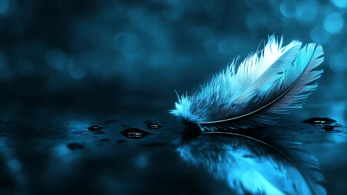Soft blue feather resting gently on a moonlit puddle.