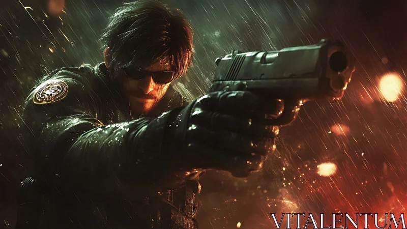 Rain-soaked agent freezes time with a blazing muzzle aim