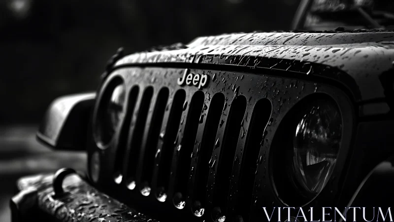 Rain-soaked Jeep front grille in high-contrast monochrome close-up