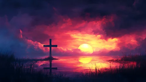 Crimson twilight cross over a glowing mirrored sunset lake.