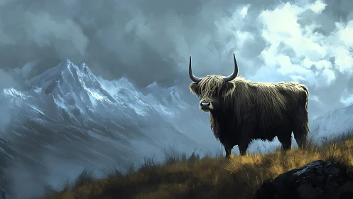 Highland bull stands watch before stormy alpine peaks.