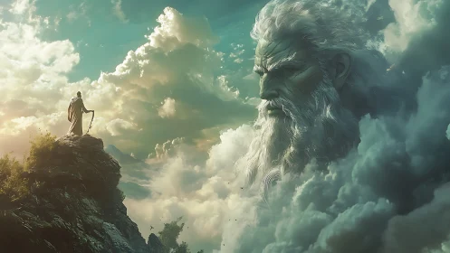 Robed figure on peak facing colossal bearded cloud visage.