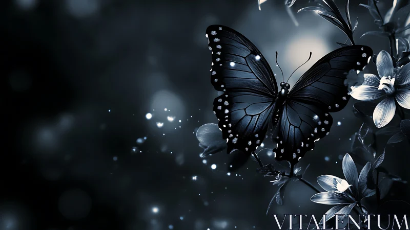 Nocturnal blue butterfly hovers above luminescent floral cluster