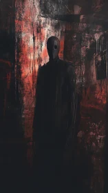 Silhouetted humanoid figure before textured red wall.