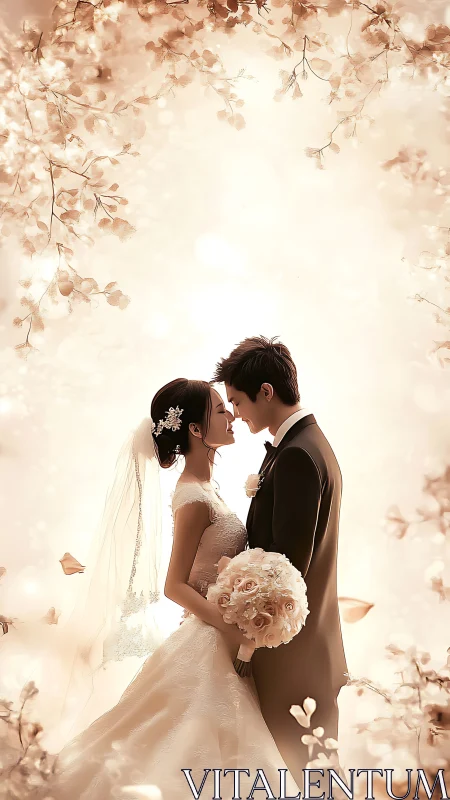 Wedding couple portrait under floral canopy in soft light.