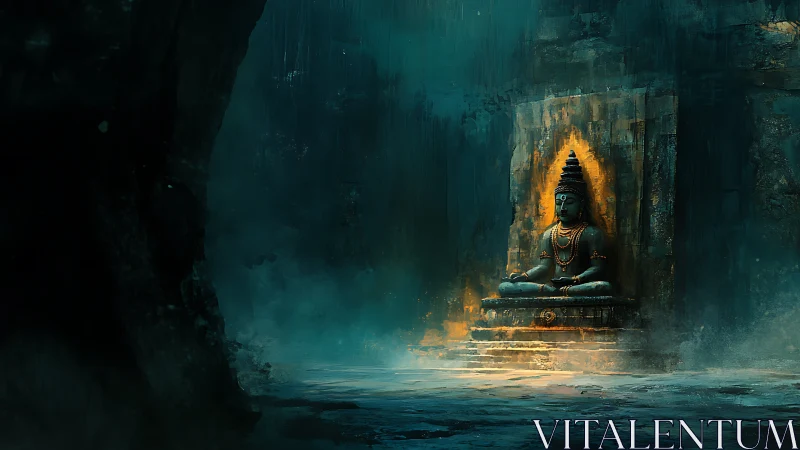 Ancient stone Buddha glows within misted cavern shrine