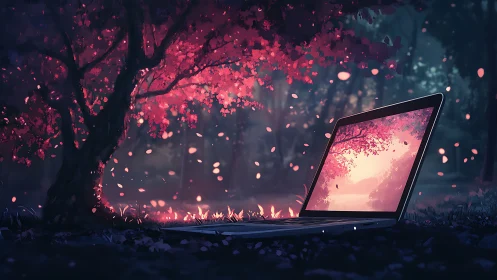 Laptop glows under pink forest canopy, blending nature and tech