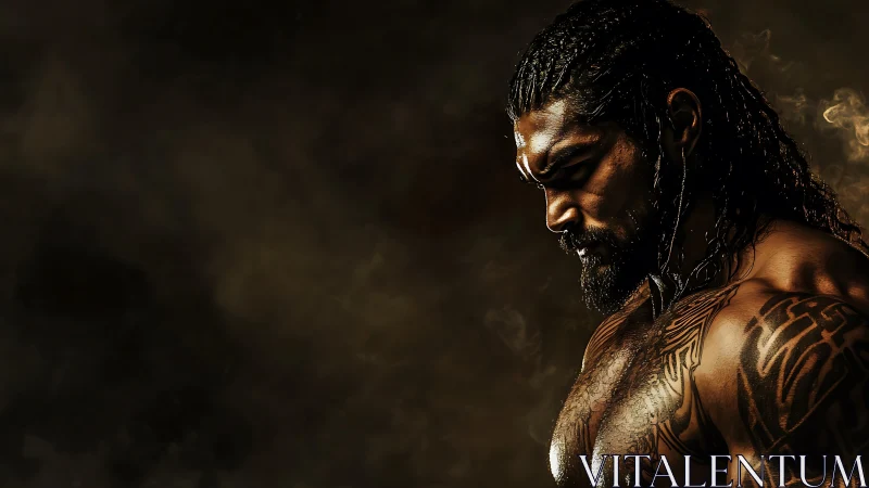 Brooding tribal warrior in dramatic chiaroscuro portrait.