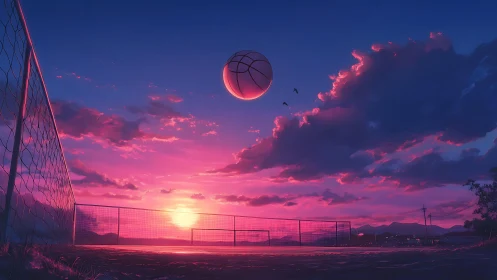 Sunset basketball court rendered in vivid magenta twilight tones