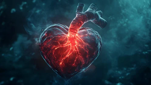 Glowing Anatomical Heart in Mystical Blue Atmosphere, Digital Art.