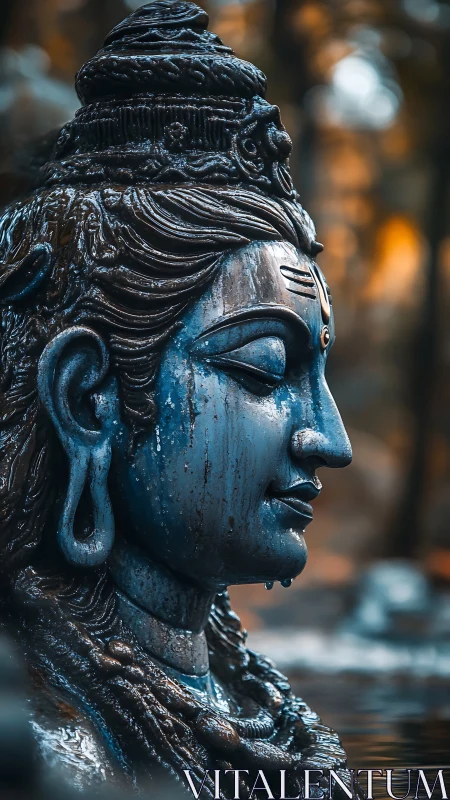 Side profile of wet stone deity statue in shallow water.