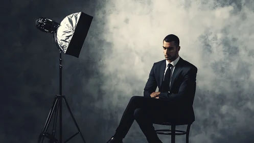 Man in suit seated beside studio light on grey backdrop.