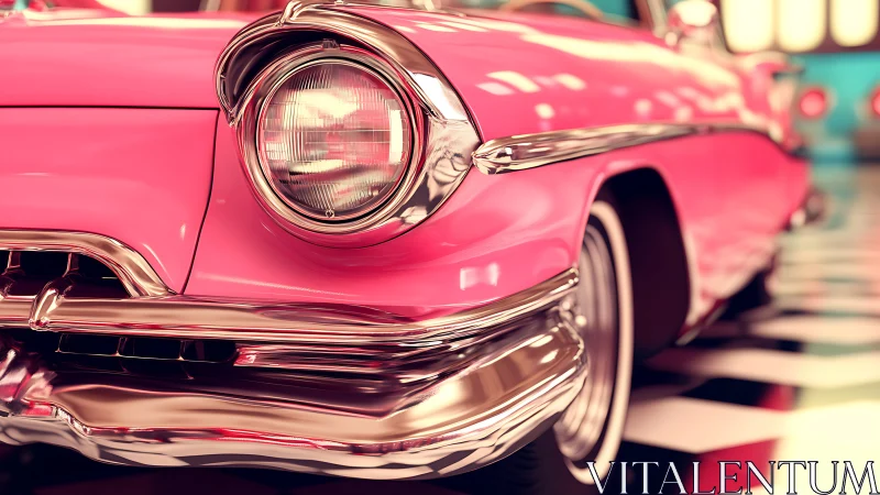 Close-up of vintage pink car front in polished interior.