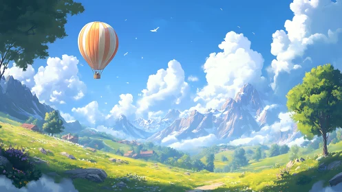 Sunny hot air balloon drifting above peaceful valleys.