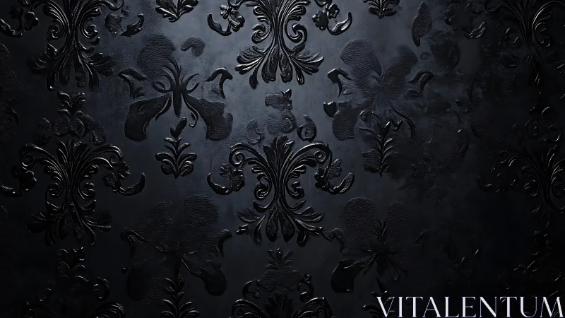 Ornate glossy black baroque damask texture in low light.