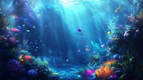 Sunbeams dive through coral towers to wake a glowing reef