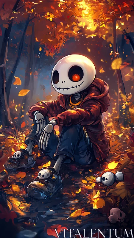 Autumn forest skeleton kid in hoodie with glowing eye sockets.