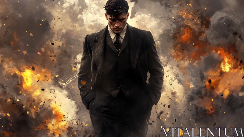 Solitary suited figure amid cinematic urban explosions.