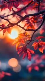 Sunset glow on crimson leaves in a dreamy autumn pause.