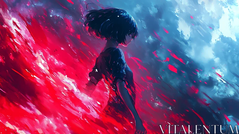 Solitary silhouette between raging red and frozen blue.