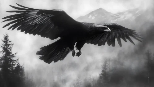 Majestic Eagle Soaring Over Misty Forest in Dramatic Black and White.
