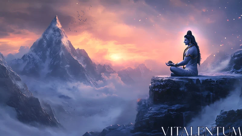 Meditating deity overlooks glowing Himalayan peaks at dusk