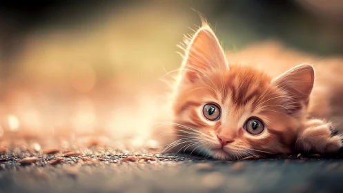 Orange Tabby Kitten Lying Low with Luminous Gaze.