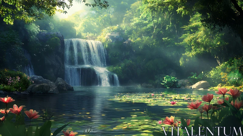 Sunlit forest waterfall descends into reflective lily pond