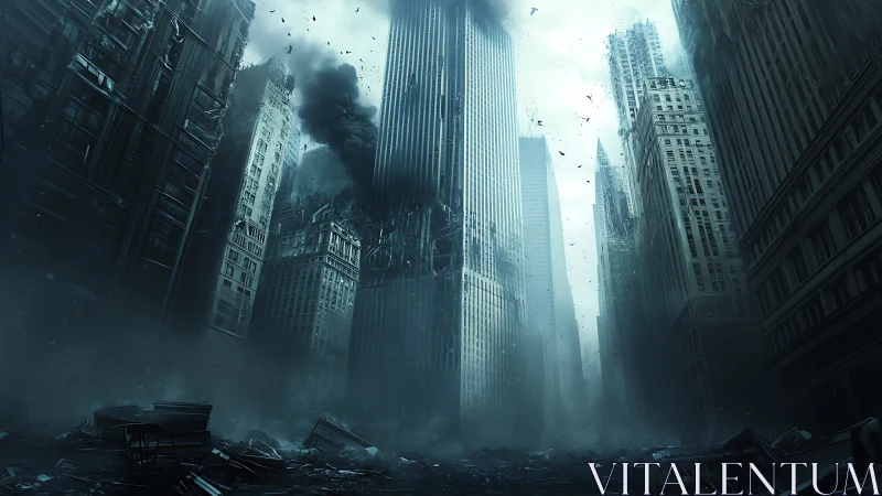 Post-apocalyptic financial district rendered in cold cyan haze